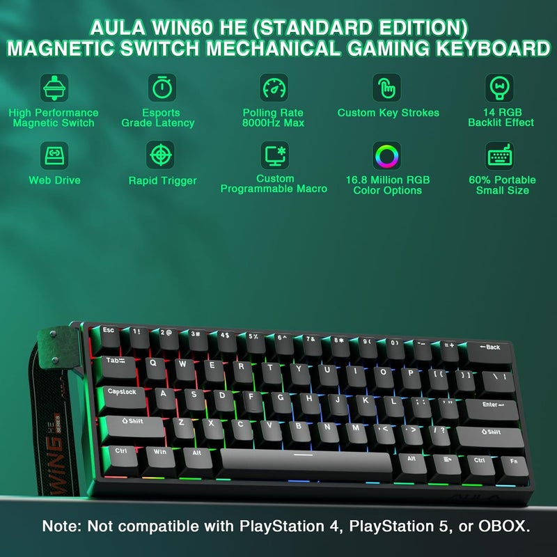 CORBOBO Aula WIN60 HE - 60% Mechanical Gaming Keyboard Wired, Magnetic Switch Hot Swappable, Adjustable Actuation Rapid Trigger Mode, 8000 Hz Polling Rate, RGB Small Keyboard 60 Percent Compact Design for PC - Image 2